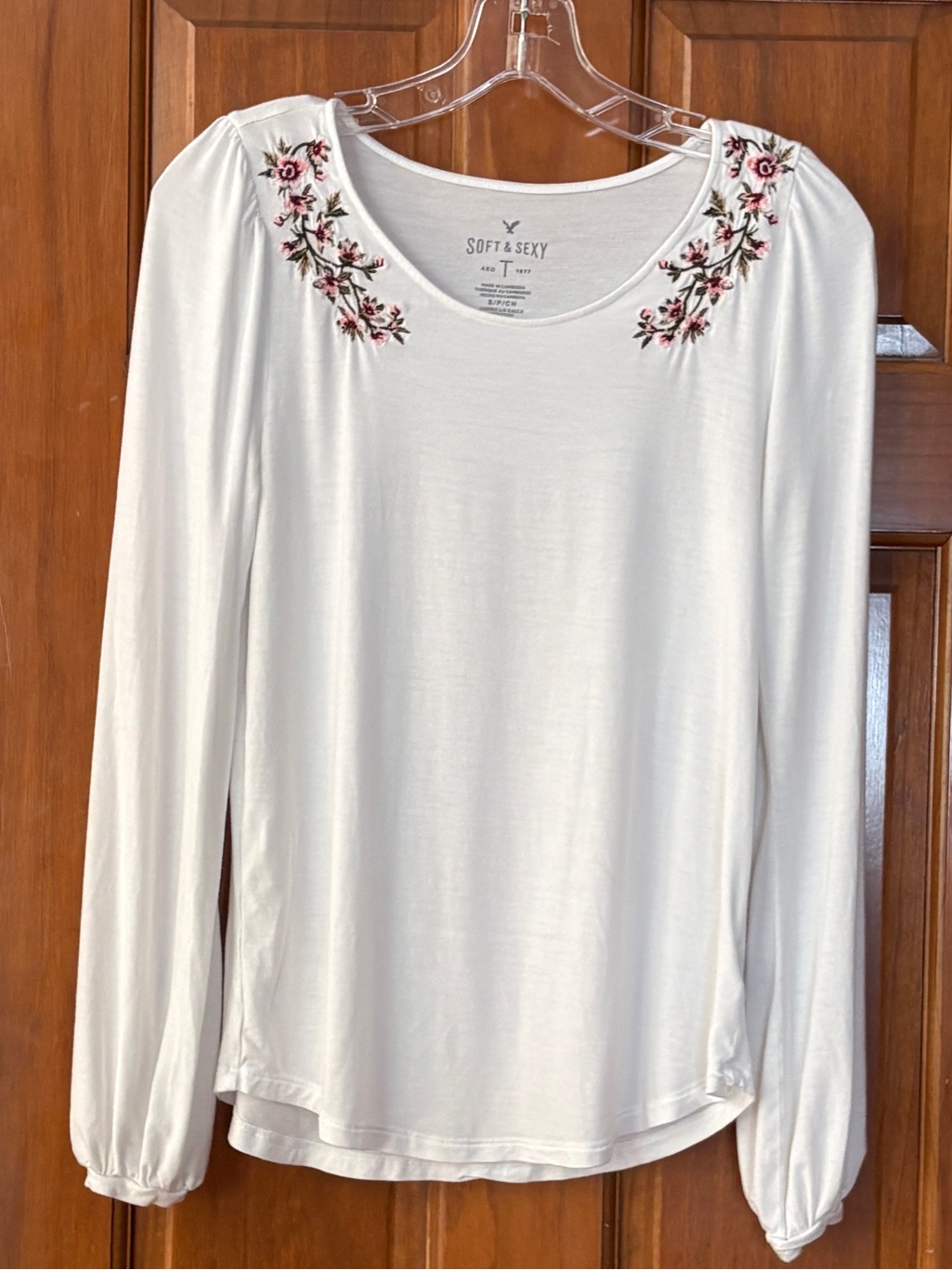 American Eagle Outfitters White Long-Sleeve Top With Pink Floral Embroidery